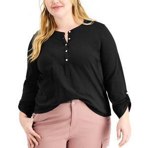 Style & Co Women's Cotton Roll-Tab Henley Top Plus Size 3X Black